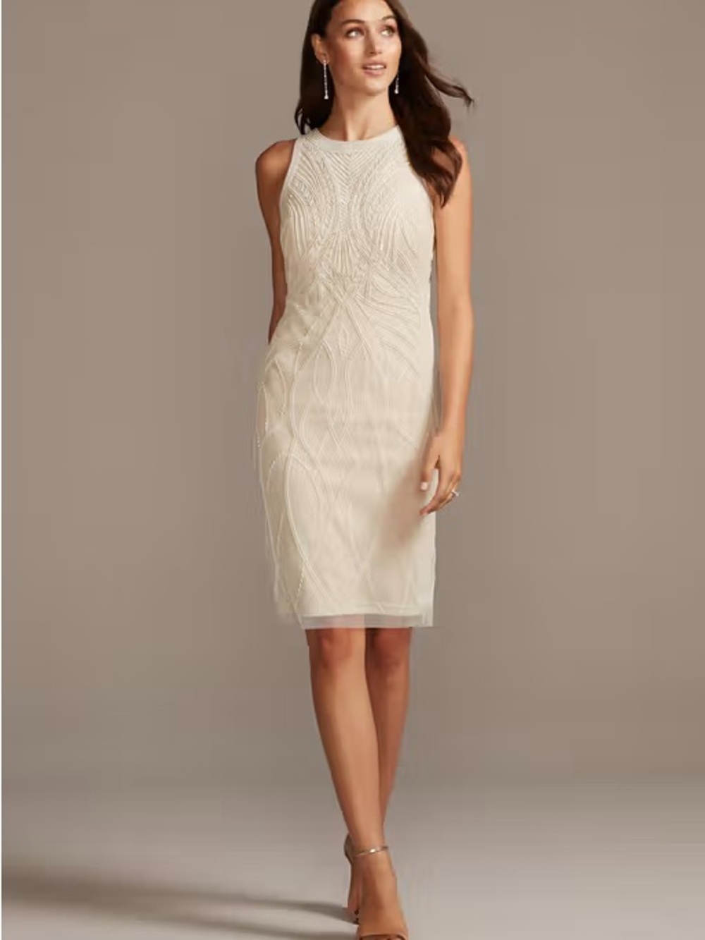 David’s Bridal Wedding Ivory Bead and Sequin Mesh Overlay Shift Dress - Size 8